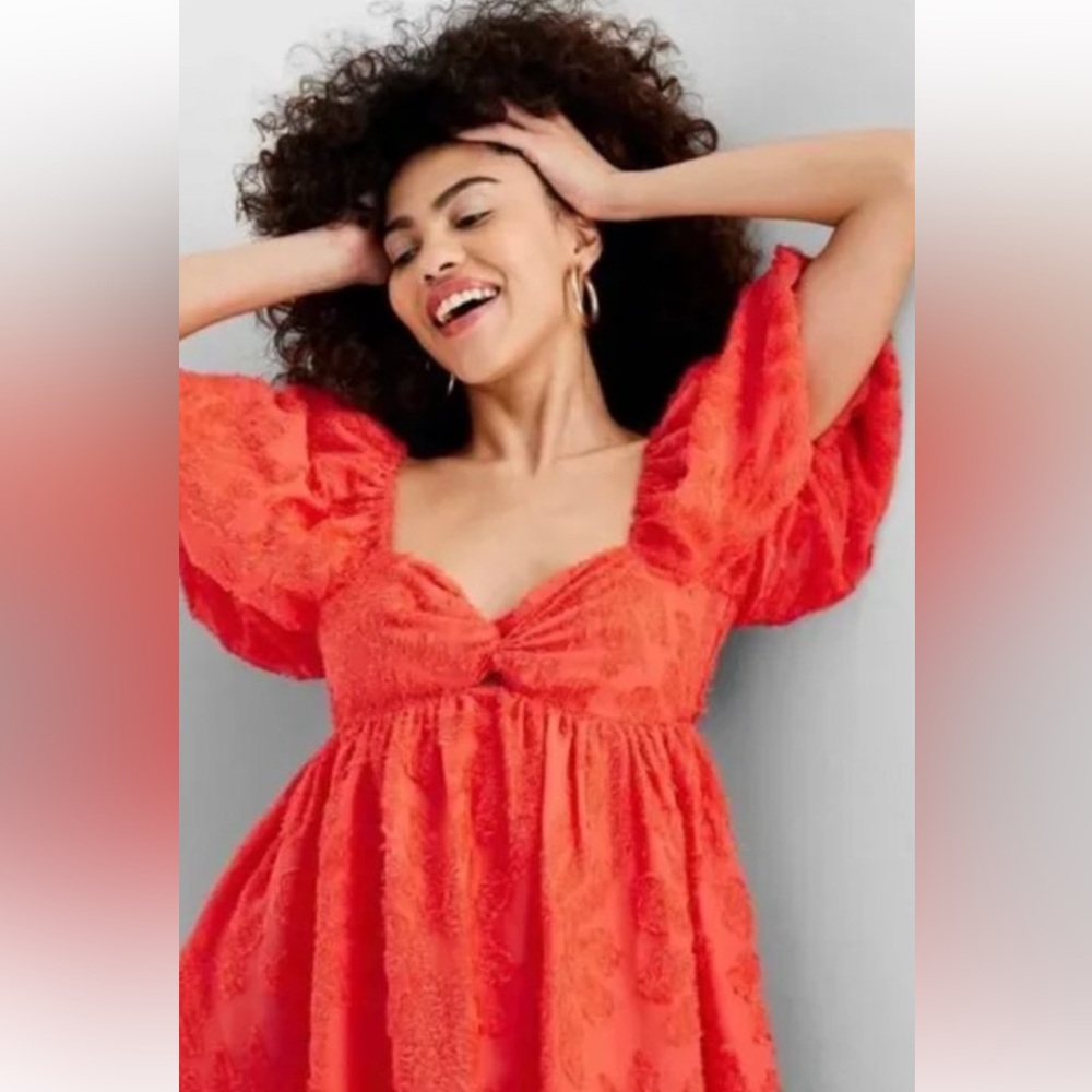 Women’s floral orange/pink coral short sleeve puff dress, mini dress